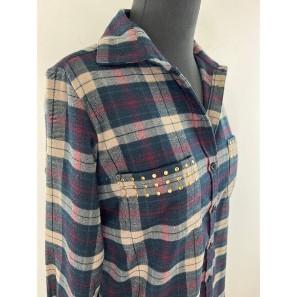 Lovers + Friends Blue Plaid Long Sleeve Button-Down Embellished Shirt Size XS - Picture 3 of 10